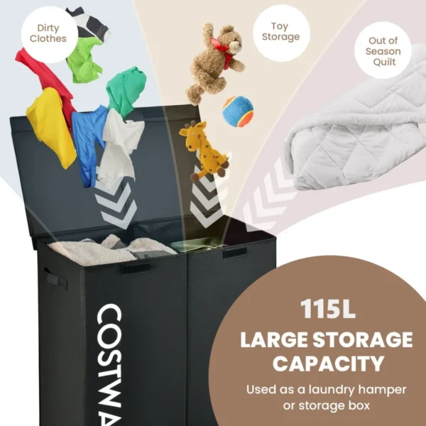 Wasmand met deksel 115 l wasverzamelaar 2 vakken wasbox van vliesstof met handgrepen 62 x 31 x 60 cm (zwart) 5