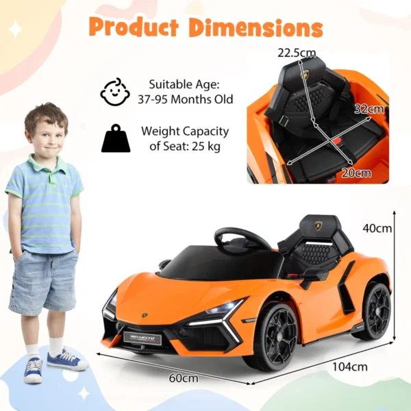 12V Elektrische Kinderauto Gelicentieerde Lamborghini Revuelto Afstandsbediening Hydraulische Deuren 4-Wielophanging Sportwagen-Oranje