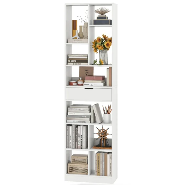 180 Cm Boekenkast Met Lade Moderne 10 Open Vakkenkast Vrijstaande Opbergkast Voor Woonkamer Kantoor Wit