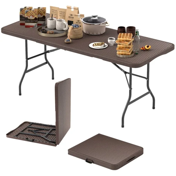 180x74cm Opklapbare Tafel HDPE-Blad Rotan-Effect Tuinstoel Eettafel Met Vergrendelingsmechanisme Draagvermogen 160 Kg