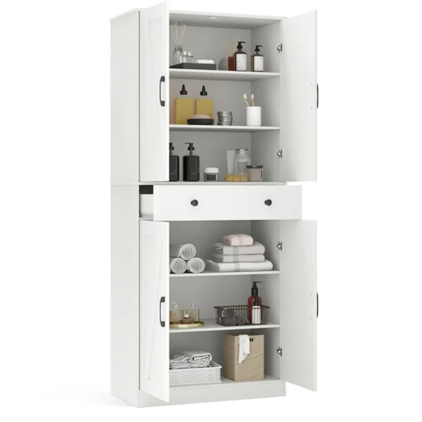 183 Cm Keukenkast Moderne Boerderijstijl Kast Met 4 Schuurdeuren 3 Verstelbare Planken 2 Anti-Kantelsets Voor Woonkamer Eetkamer Wit