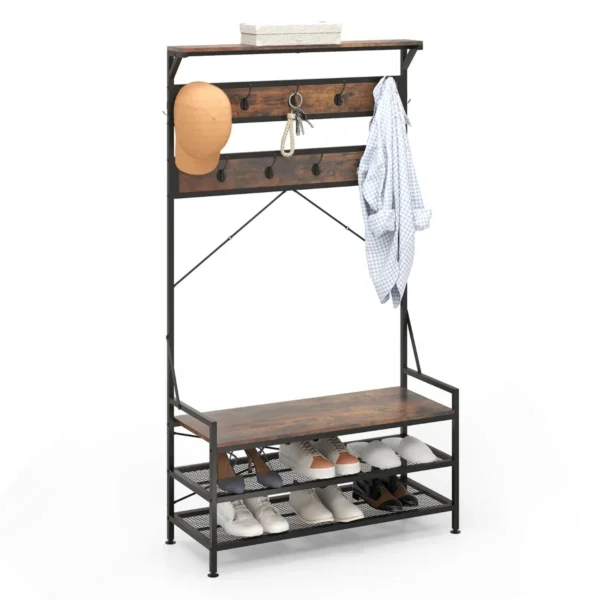 184 Cm Kapstok Met Schoenenrek Schoenenrek Met Garderobe Kledingrek Met Zitbank Incl. 11 Haken Voor Hal Woonkamer Bruin
