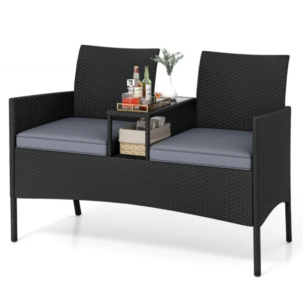 2-Zits Tuinmeubelset Met Geïntegreerde Tafel Rotan Terrasbank Met Gehard Glazen Blad En Zachte Kussens 62 X 124 X 84 Cm