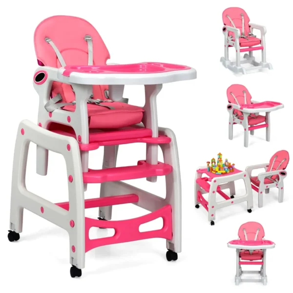 3-In-1 Omvormbare Voedingsstoel/Babytafel En Stoel Met Verwijderbare Lade Met 4 Standen Zitkussen Rugleuning Met 3 Standen-Roze