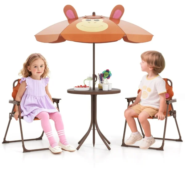 4-Delige Picknickset Voor Kinderen Buitenactiviteitentafel Met 2 Klapstoelen En In Hoogte Verstelbare Parasol Kindertuinmeubilair-Bruin