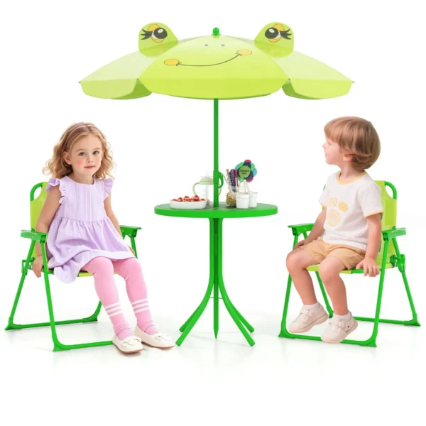 4-Delige Picknickset Voor Kinderen Buitenactiviteitentafel Met 2 Klapstoelen En In Hoogte Verstelbare Parasol Kindertuinmeubilair-Groen