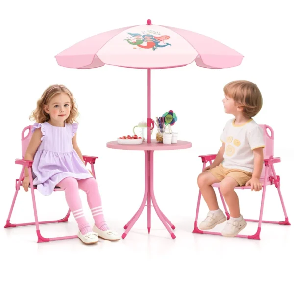 4-Delige Picknickset Voor Kinderen Buitenactiviteitentafel Met 2 Klapstoelen En In Hoogte Verstelbare Parasol Kindertuinmeubilair-Roze