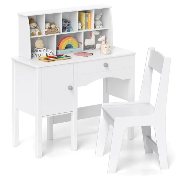 Kinderbureau En Stoelset Voor 3-Jarigen Houten Werktafel Met Stoel Studentenbureau Voor De Slaapkamer Met Plank En Kast Wit