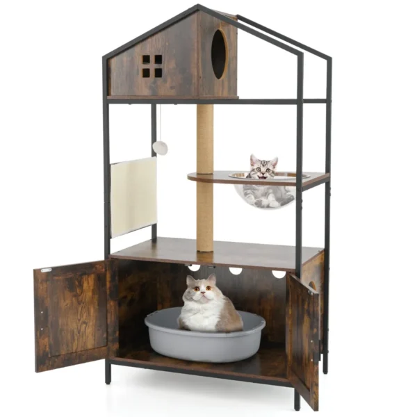 Krabpaal Met Kattenbakkast Kattenkast Voor Kattentoilet Kattenboom Met Kattenhuis Jutepalen Kamercapsule En Krabmat Bruin