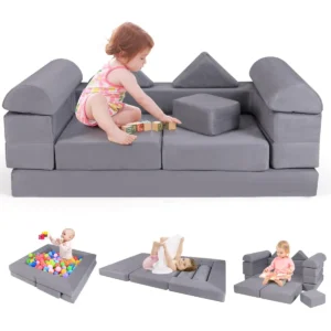 Modulaire Kinderbank 9-Delige Speelbank Van Schuimrubber Bouwstenen Met Comfortabele Suède Modulaire Bank Voor Kinderen (Grijs)