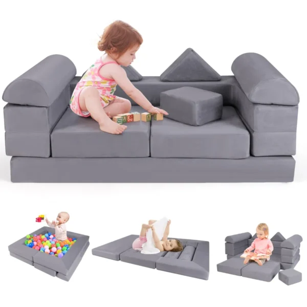 Modulaire Kinderbank 9-Delige Speelbank Van Schuimrubber Bouwstenen Met Comfortabele Suède Modulaire Bank Voor Kinderen (Grijs)