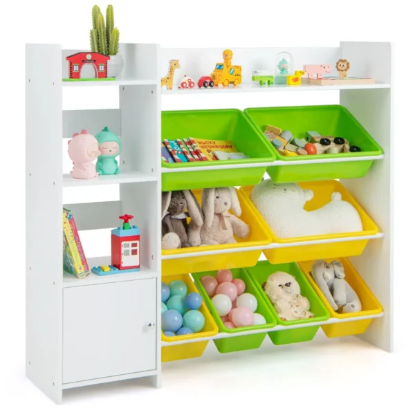 Opbergmeubel Voor Kinderspeelgoed Veelzijdige Kinderboekenkast Met 4 Niveaus 8 Opbergbakken Grote Kast Met Deur Voor Kinderkamer (Wit)