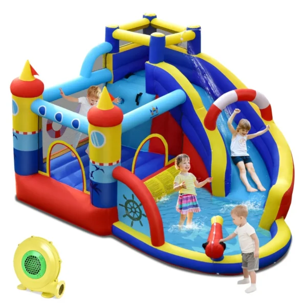 Opblaasbaar Springkasteel Met Ventilator 6-In-1 Waterpark Met Glijbaan Kinderbadje En Waterkanon Buitentrampoline Springkasteel