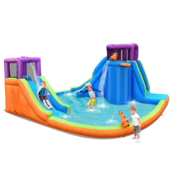 Opblaasbaar Waterpark Dubbele Waterglijbaan Met 4 Sproeiers En 2 Waterpistolen En Plonsbad Springkussen Buiten Met Klimwand