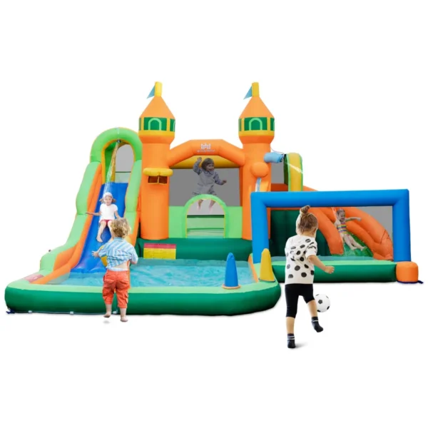 Opblaasbare Waterglijbaan Kinderwaterpark Met Lange Glijbanen Kinderbaden Waterpistool Voetbaldoel Basketbalring (Zonder Blower)