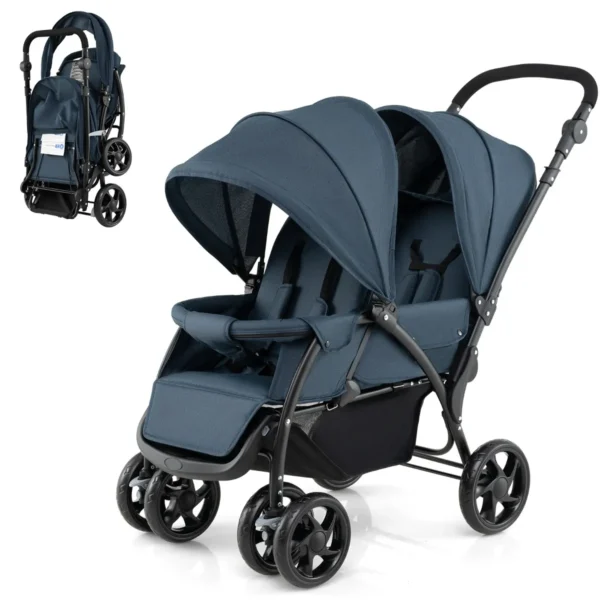 Opvouwbare Dubbele Kinderwagen Voor Baby's Met Zonnekap 5-Punts Veiligheidsgordel Verstelbare Rugleuning Vergrendelbare Wielen Blauw