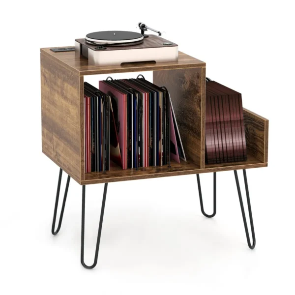 Platenspelerstandaard Met Stopcontact Display Plank Bijzettafel Metalen Poten Tot 145 Albums Voor Woonkamer Kantoor-Bruin