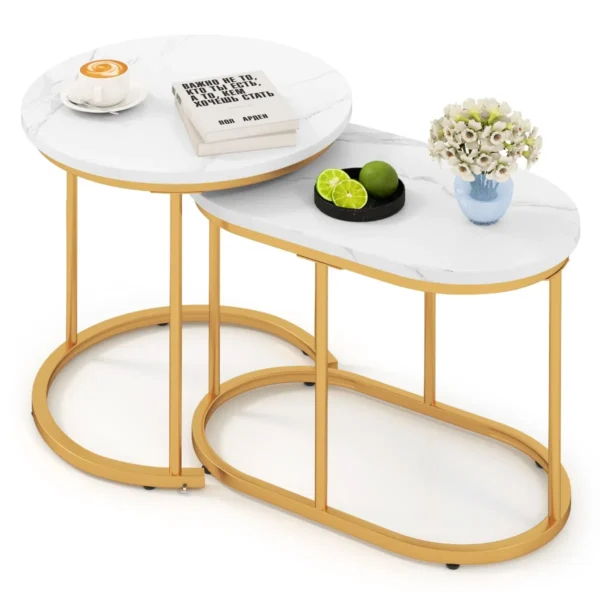 Set Van 2 Salontafels Met Marmerlook Bijzettafel Hout Met Goudkleurige Metalen Poten Moderne Ronde En Compact Voor Woonkamer