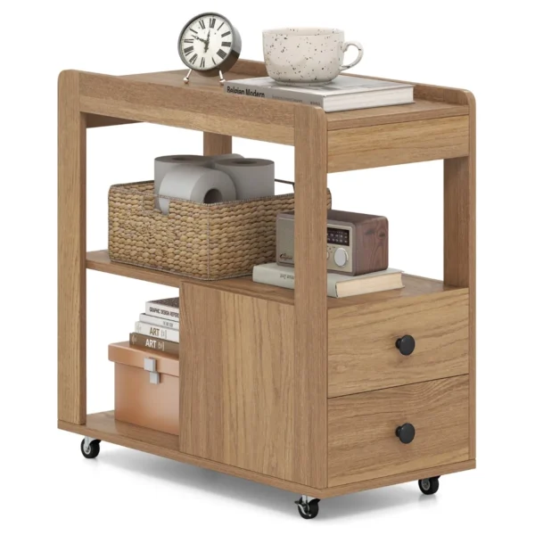 Smalle Bijzettafel Modern Nachtkastje Met 2 Lades En Open Planken Opbergorganizer Met Vergrendelbare Wielen Naturel