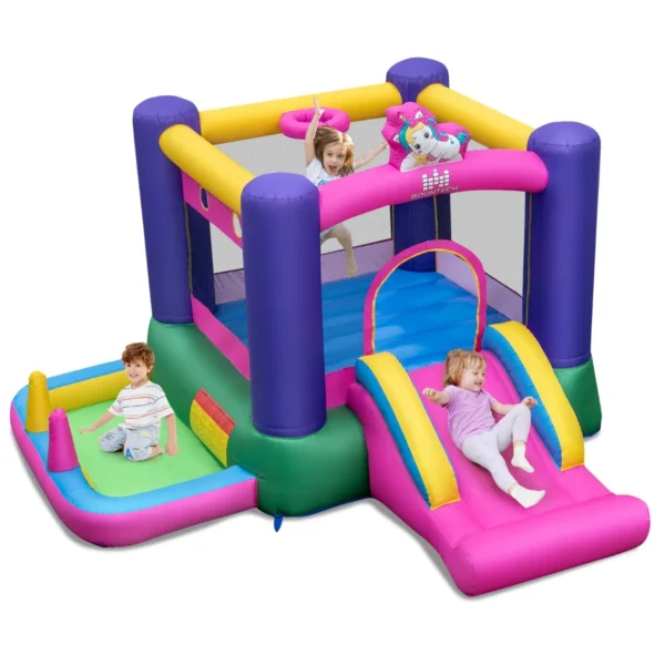 Springkasteel Met Glijbaan Springgebied Basketbalmand Ballenbad Ringwerpspel Werpspel Binnen En Buiten Incl. Draagtas Reparatieset