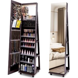 Livsk costway 163 cm afsluitbare juwelenkast geintegreerde make upspiegel 3 kleurige led verlichting verstelbare legplanken universele wielen paars