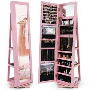 Livsk costway 360 roterende gespiegelde sieraden kast 2 in 1 afsluitbare sieraden organisator met volledige lengte spiegel 39 x 39 x 161 cm roze