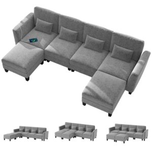 Livsk costway 280 cm hoekbank met 2 voetenbankjes u vormige modulaire bank met usb en type c oplaadpoorten grijs
