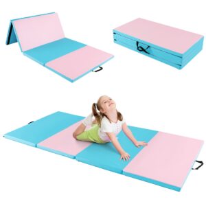 Livsk costway dikke opvouwbare gymnastiekmat schuim en pu trainingsmat met handgrepen voor gymnasten training yoga 240x116x5 cm blauw roze